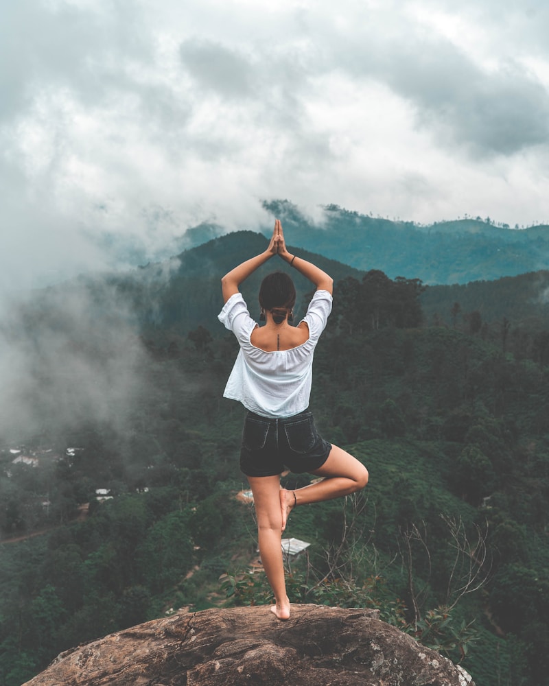 Woman in tree pose on a rock overlooking a misty mountain forest